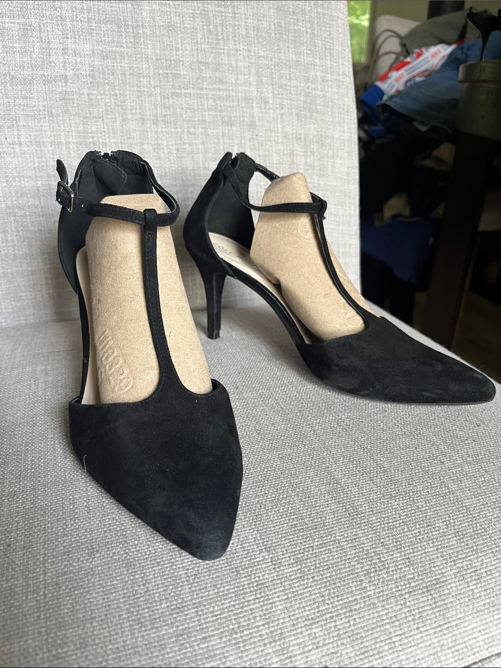 Cole Haan black suede T-strap pointed-toe pump